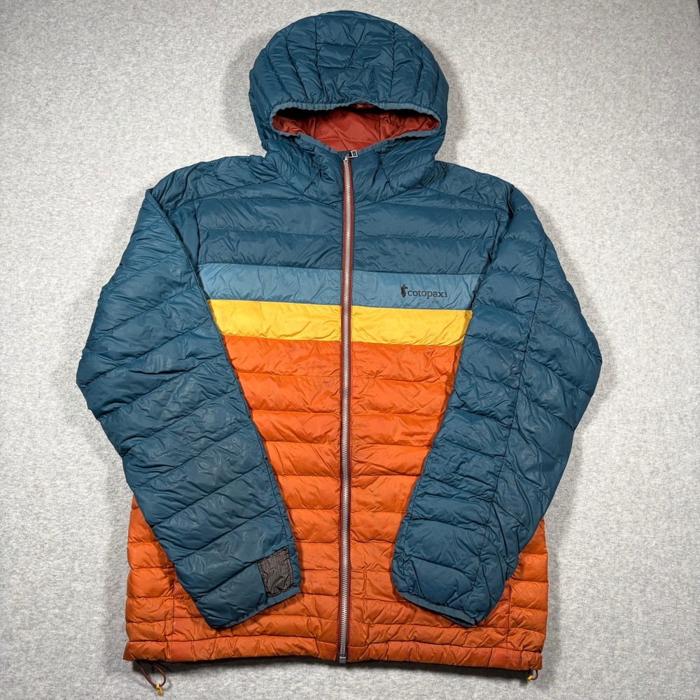 Cotopaxi Fuego Hooded Down Jacket Men Large Blue Orange Yellow Puffer Coat